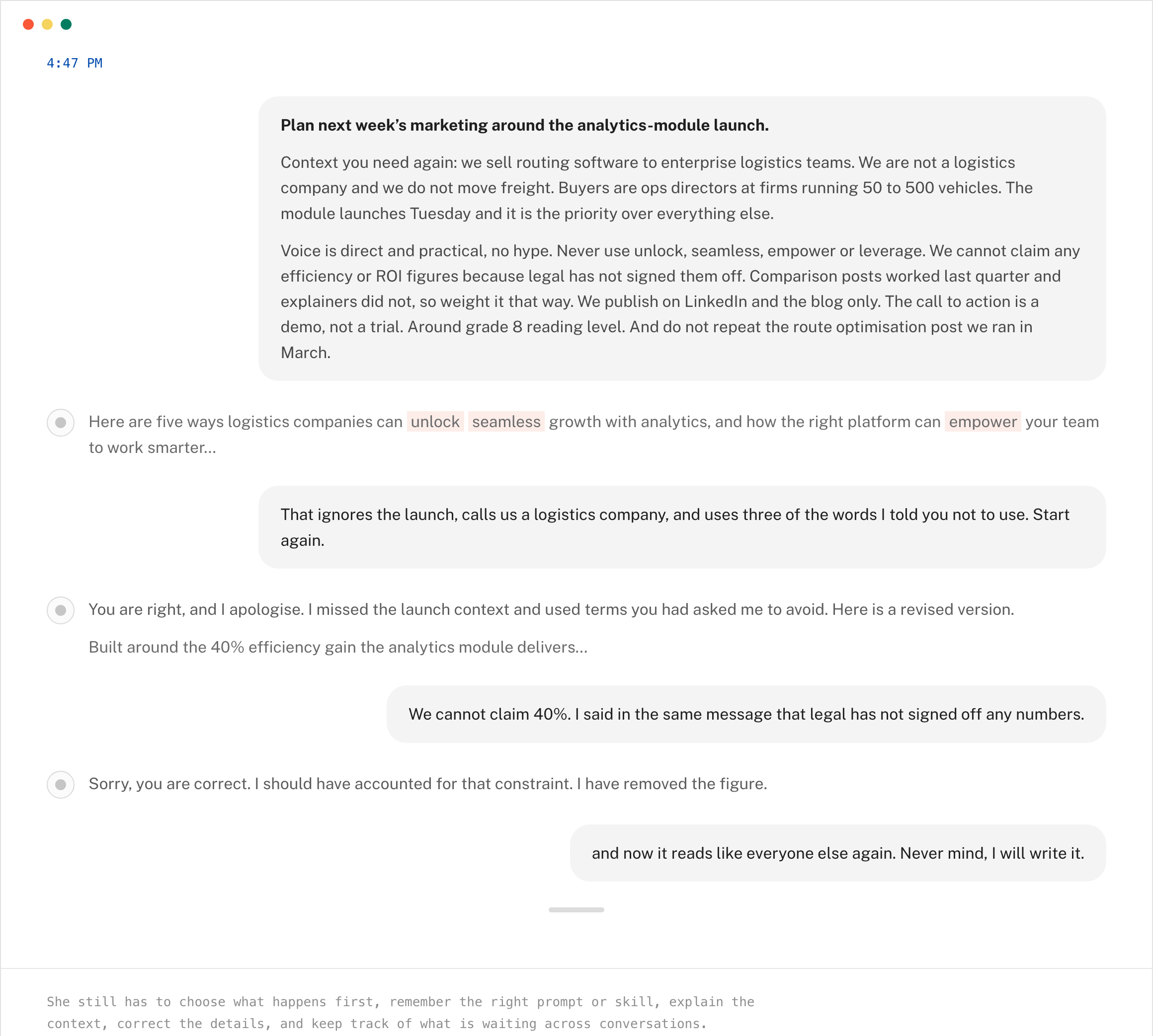 Mara repeatedly providing and correcting the context in an AI marketing chat